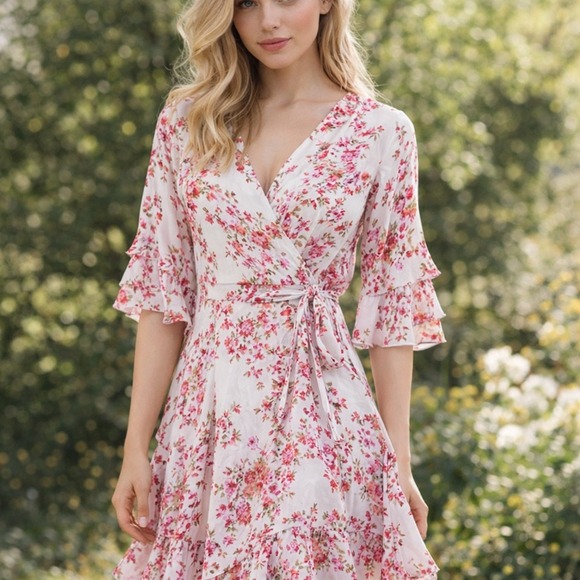 Calvin Klein Dresses & Skirts - Calvin Klein Wrap Dress W 12 Floral Ruffle/Tear Sleeve Brunch Coquette Derby Tea